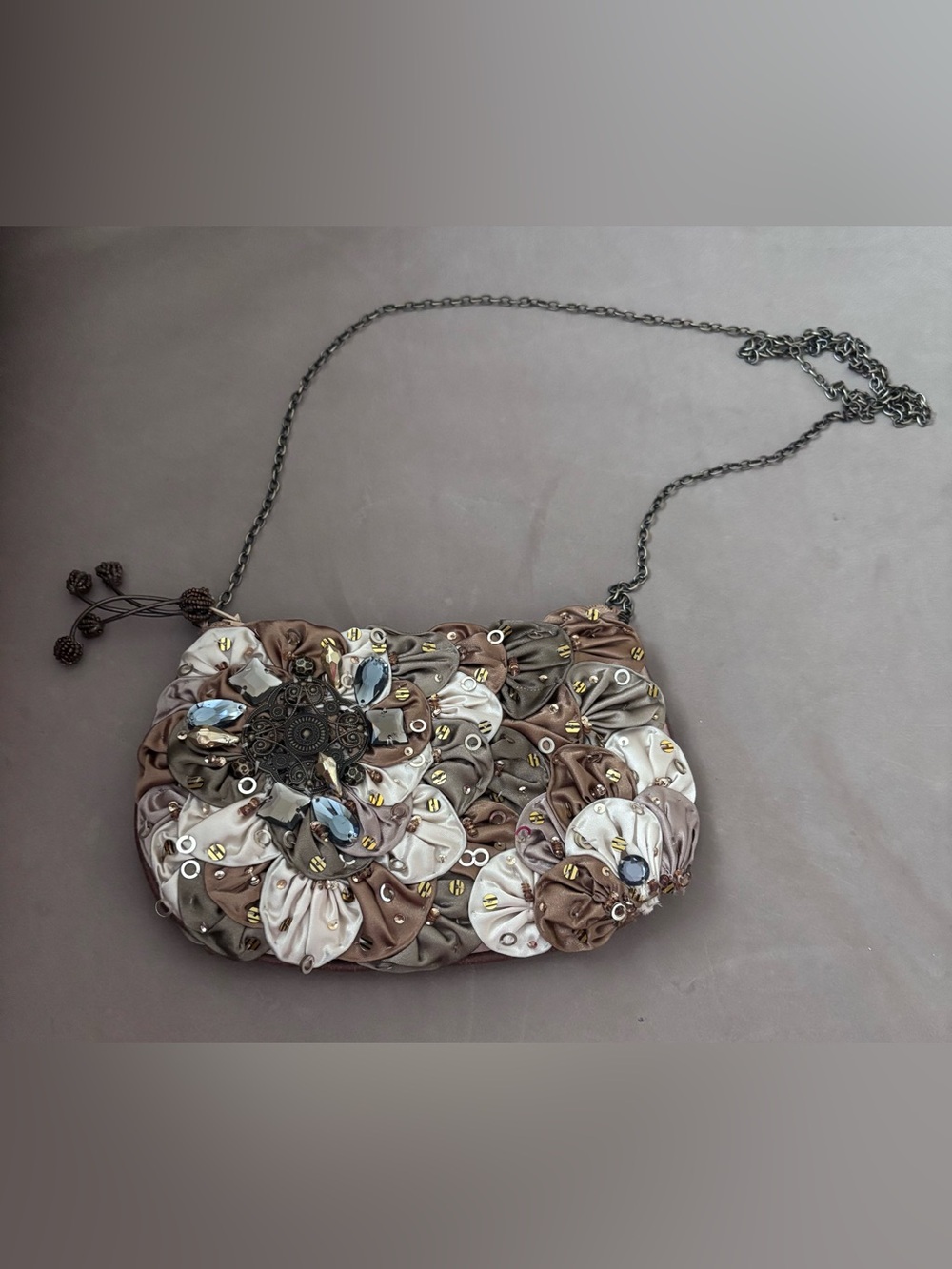 Vintage Mary Frances Floral Embellished Satin Shoulder Bag Beaded Appliqué